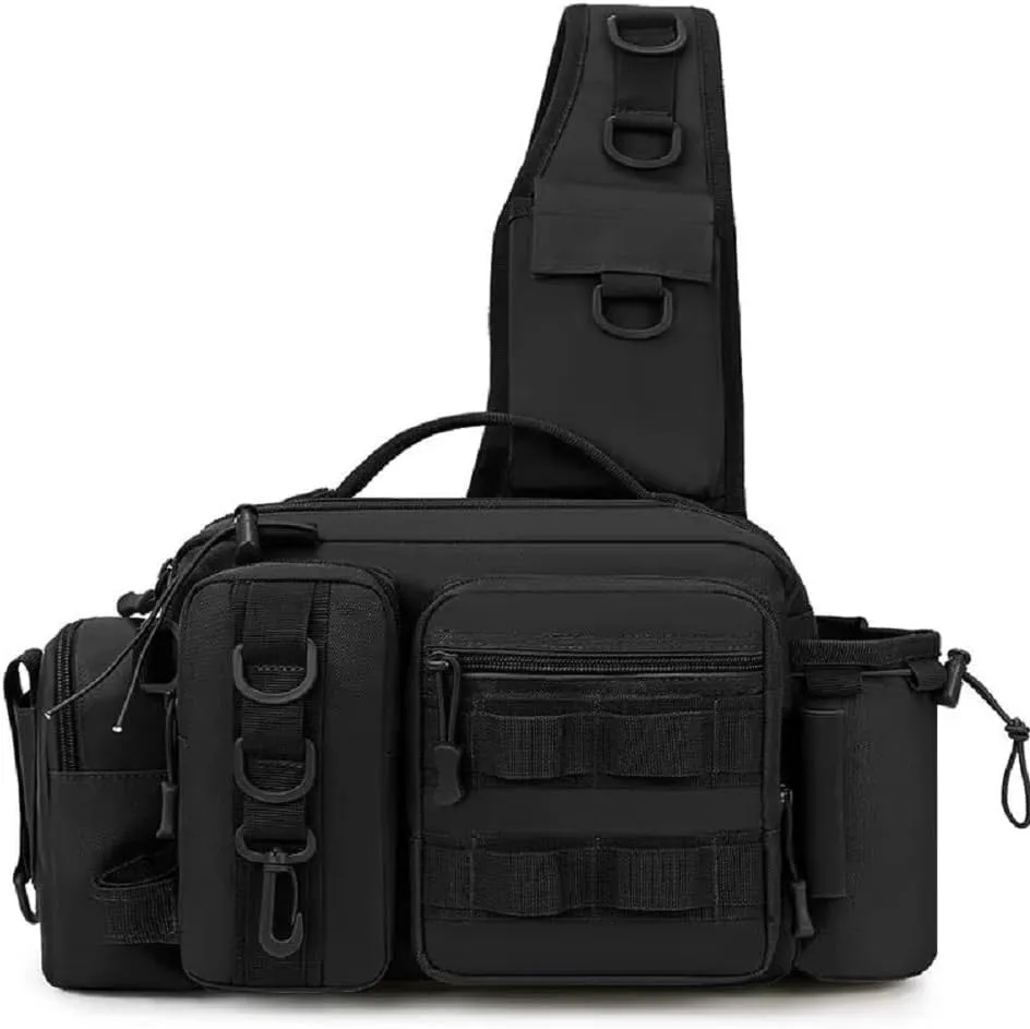 Fishing Sling Bag Crossbody Bag Fishing Tackle Backpack Box with Rod & Gear Holder, Lightweight Tackle Storage Bags, Outdoor Fishing Shoulder Pack for Fishing, Hiking, Hunting，ICE Fish(Deep Back)