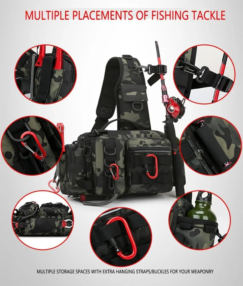 Fishing Sling Bag Crossbody Bag Fishing Tackle Backpack Box with Rod & Gear Holder, Lightweight Tackle Storage Bags, Outdoor Fishing Shoulder Pack for Fishing, Hiking, Hunting，ICE Fish(Deep Back)
