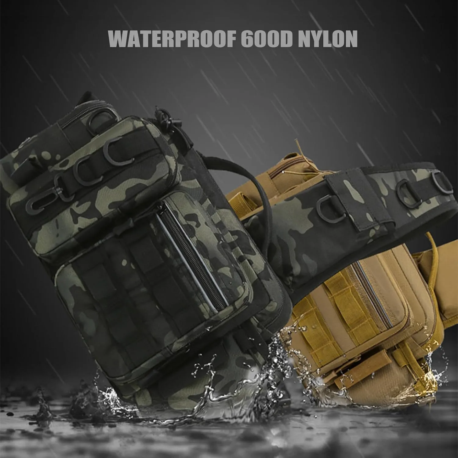 Fishing Tackle Backpack Fishing Gear Storage Bag Fanny Pack for Men Fly Fishing Backpack with Rod Holder Sling Shoulder Pack Waterproof Nylon Bag for Men(Black Camo)