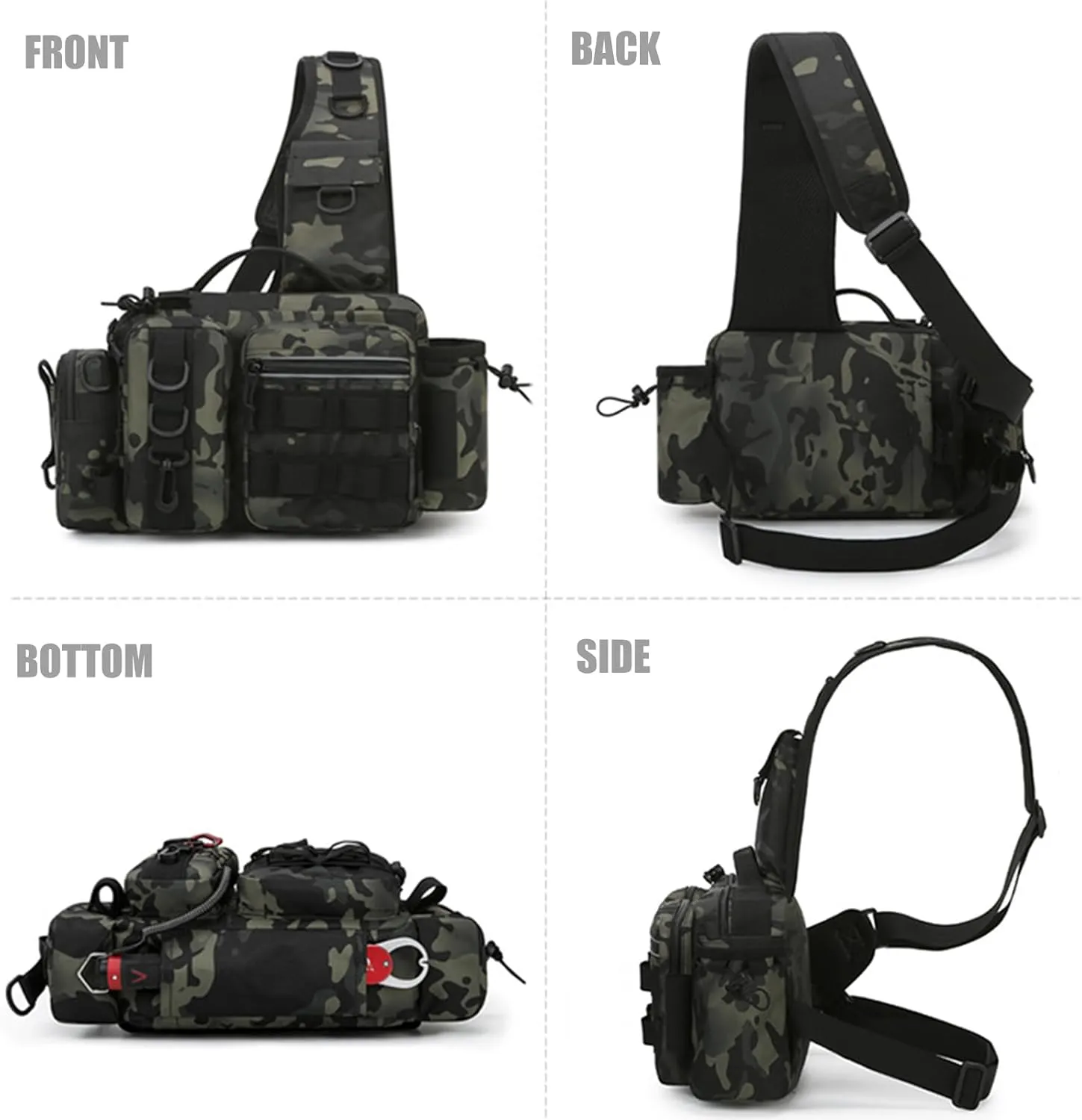 Fishing Tackle Backpack Fishing Gear Storage Bag Fanny Pack for Men Fly Fishing Backpack with Rod Holder Sling Shoulder Pack Waterproof Nylon Bag for Men(Black Camo)