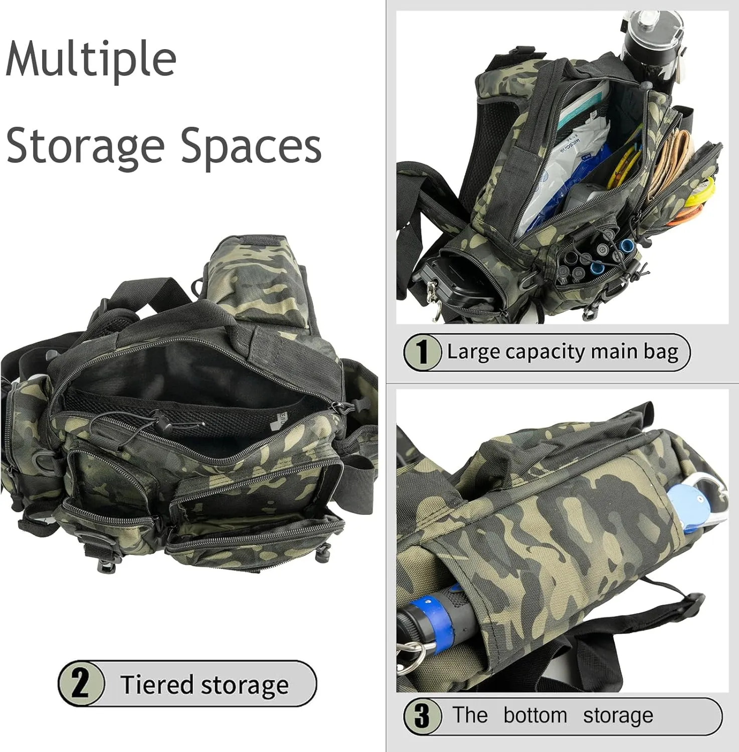 Fishing Tackle Backpack Fishing Gear Storage Bag Fanny Pack for Men Fly Fishing Backpack with Rod Holder Sling Shoulder Pack Waterproof Nylon Bag for Men(Black Camo)