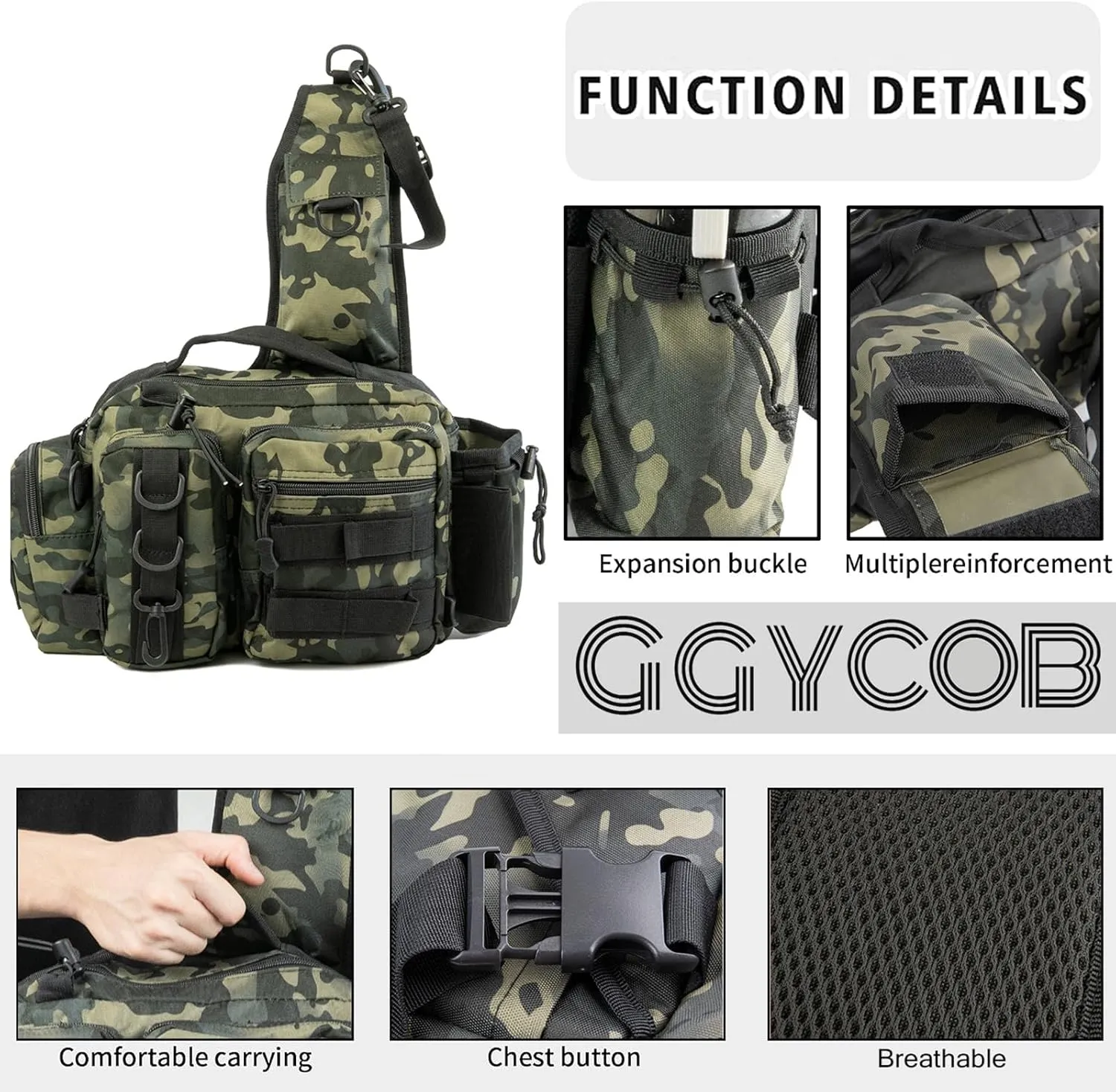 Fishing Tackle Backpack Fishing Gear Storage Bag Fanny Pack for Men Fly Fishing Backpack with Rod Holder Sling Shoulder Pack Waterproof Nylon Bag for Men(Black Camo)