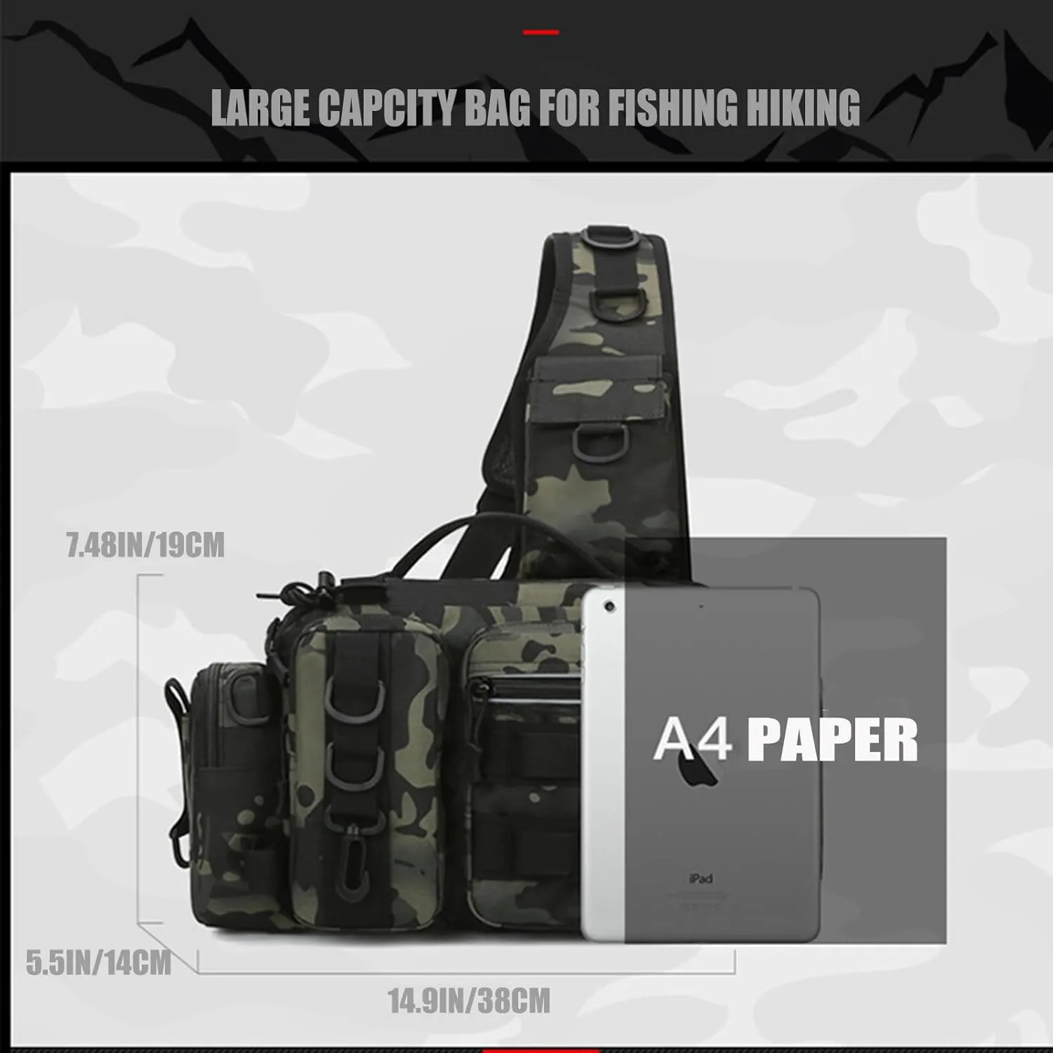 Fishing Tackle Backpack Fishing Gear Storage Bag Fanny Pack for Men Fly Fishing Backpack with Rod Holder Sling Shoulder Pack Waterproof Nylon Bag for Men(Black Camo)