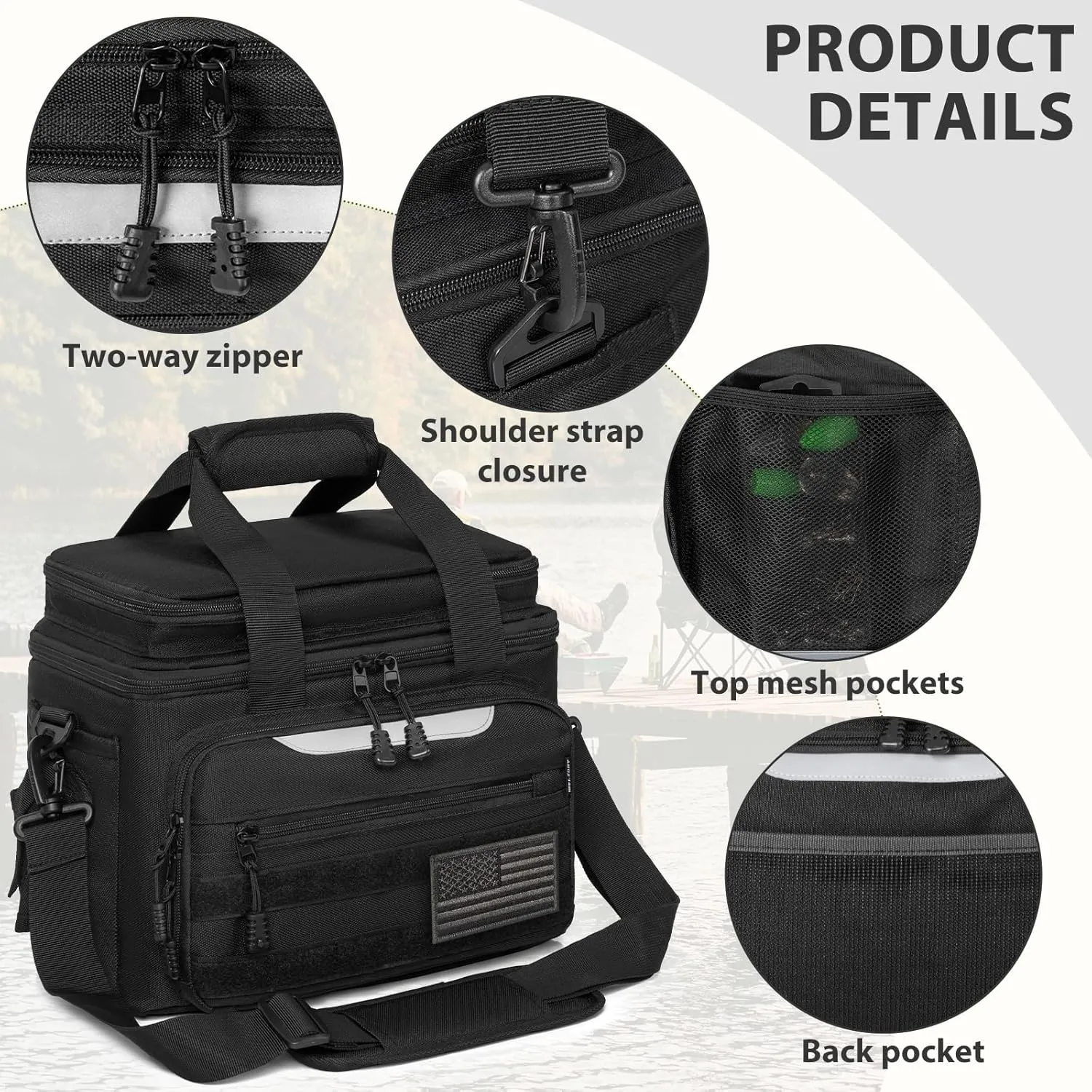 Fishing Tackle Bag for Fishing, Water Resistant Fishing Gear Storage Bag, Soft Tackle Box Storage Case for Saltwater or Freshwater (Black)