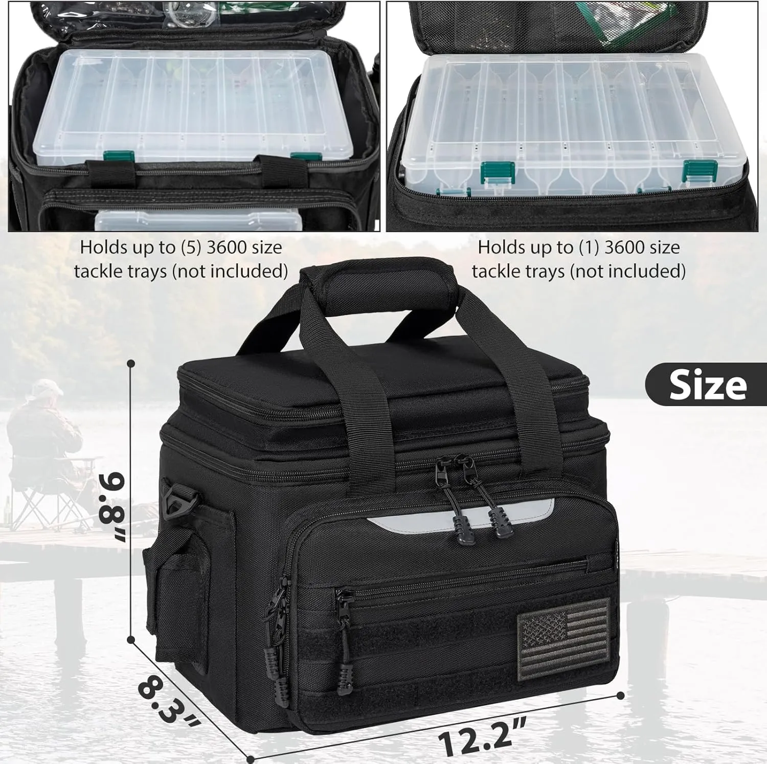 Fishing Tackle Bag for Fishing, Water Resistant Fishing Gear Storage Bag, Soft Tackle Box Storage Case for Saltwater or Freshwater (Black)