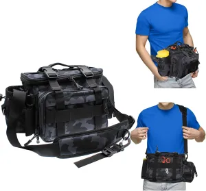 Fishing Tackle Bag with Rod & Gear Holder, Waterproof Large Storage Bag Tackle Box Organizer, Outdoor Sport Fishing Gear Bag for Fishing, Hiking, Hunting