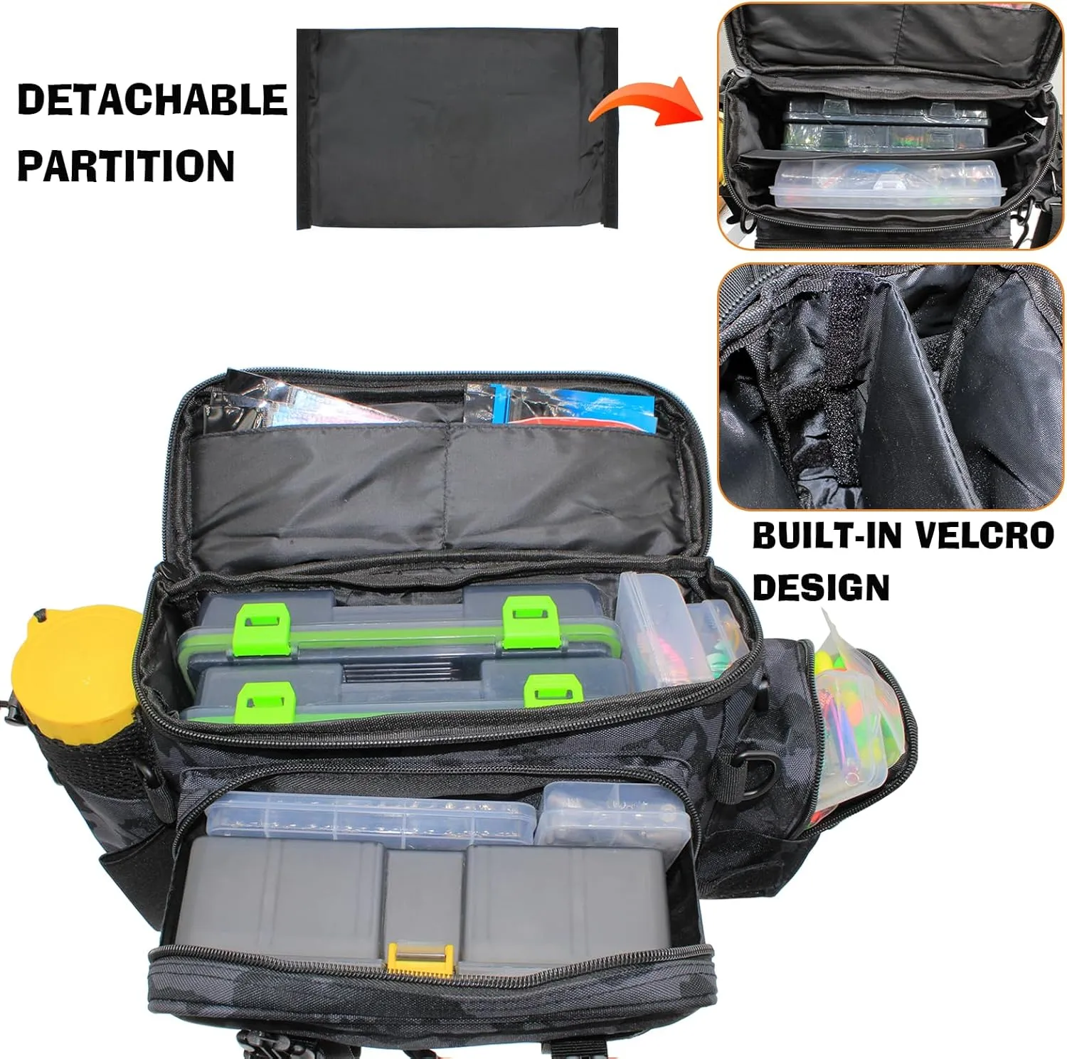 Fishing Tackle Bag with Rod & Gear Holder, Waterproof Large Storage Bag Tackle Box Organizer, Outdoor Sport Fishing Gear Bag for Fishing, Hiking, Hunting