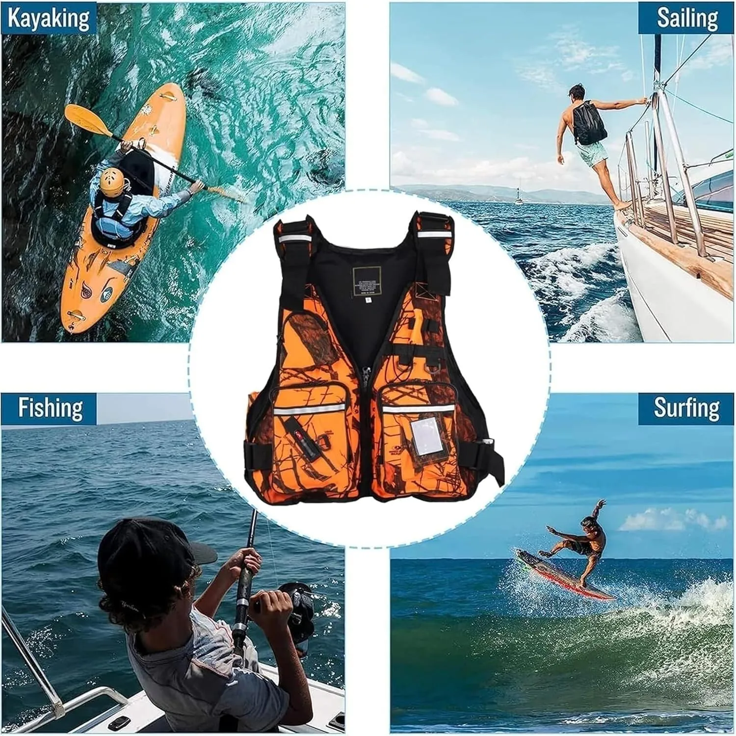 Fishing Vest Safety with Cross Strap and Zipper, Multi-Pockets Jacket for Swimming Sailing Boating Kayak