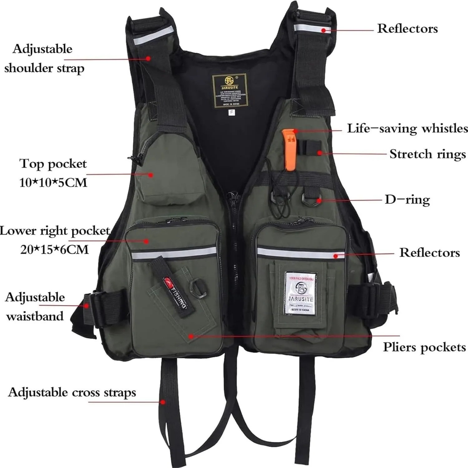 Fishing Vest Safety with Cross Strap and Zipper, Multi-Pockets Jacket for Swimming Sailing Boating Kayak