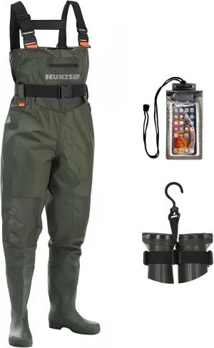 Fishing Waders for Men Women - 2-Ply Nylon/PVC Waterproof Hunting Chest Waders with Boot Hanger&Phone Case, Size10-12