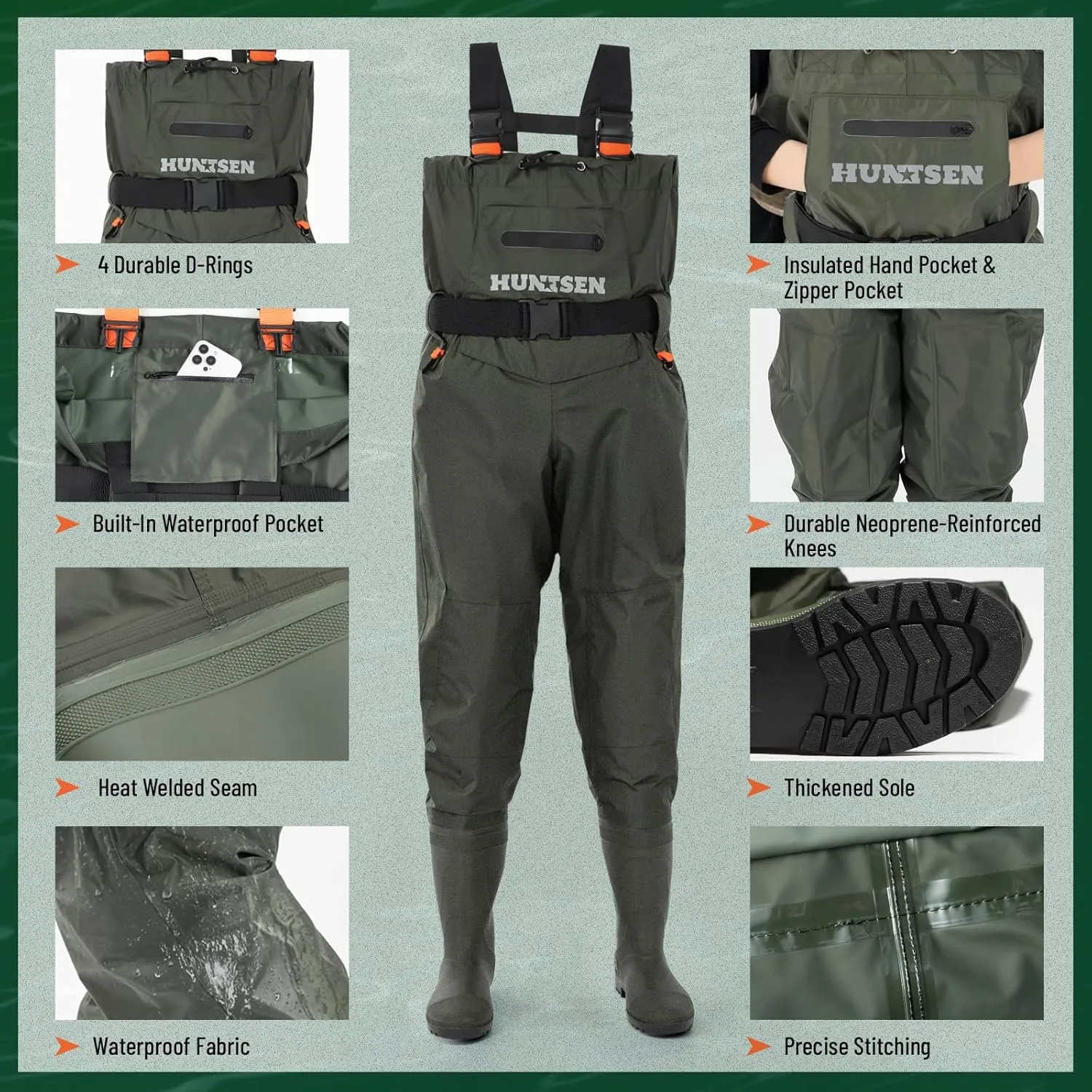 Fishing Waders for Men Women - 2-Ply Nylon/PVC Waterproof Hunting Chest Waders with Boot Hanger&Phone Case, Size10-12