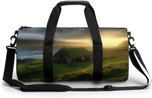 Fitness Bag, Hut Grass Sun Rays Print Reusable Gym Bag Sports Travel Fitness Bag Essentials Gym Bag with Shoe Compartment, 17.7in/9in/9in, style