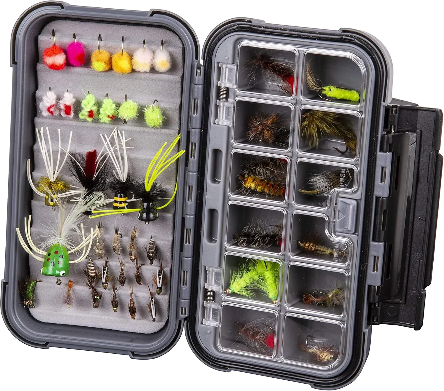 Flambeau Outdoors 3936CR Blue Ribbon Waterproof Fly Box, Large 12 Compartment Fly Fishing Organizer with Foam, Gray/Black