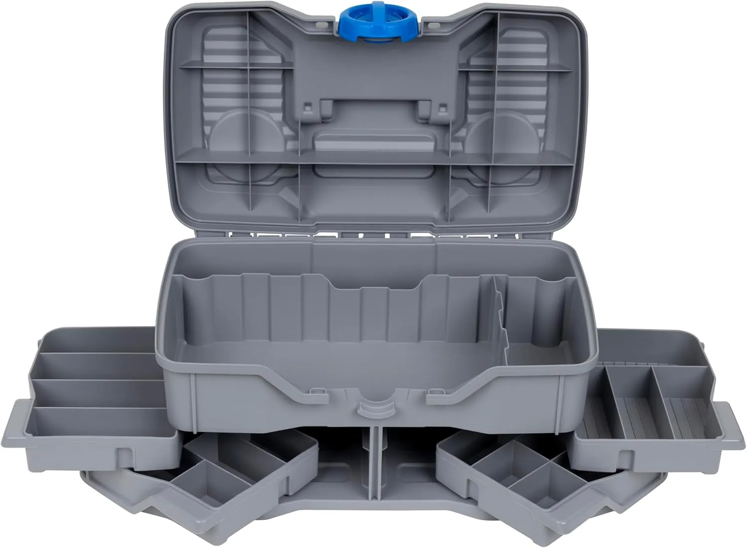 Flambeau Outdoors Next Gen 4/0 Medium Fishing Tackle Box - 4 Pivot Trays, 23 Compartments, Includes 25-piece Tackle Kit, Fishing Tackle and Gear Storage, Fishing Lure Organizer, Light Gray