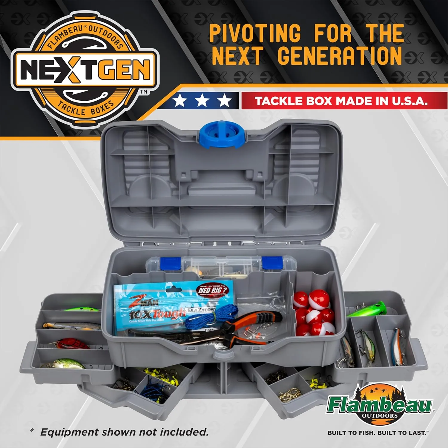 Flambeau Outdoors Next Gen 4/0 Medium Fishing Tackle Box - 4 Pivot Trays, 23 Compartments, Includes 25-piece Tackle Kit, Fishing Tackle and Gear Storage, Fishing Lure Organizer, Light Gray