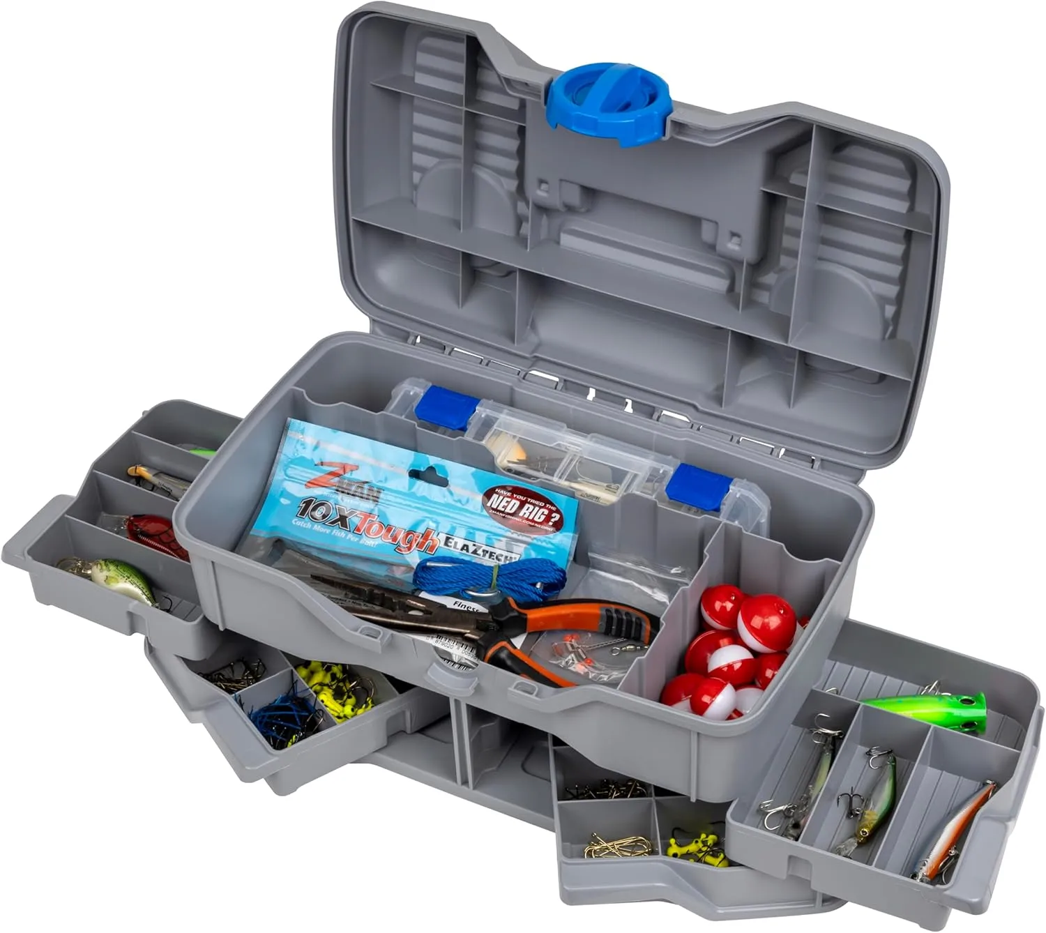 Flambeau Outdoors Next Gen 4/0 Medium Fishing Tackle Box - 4 Pivot Trays, 23 Compartments, Includes 25-piece Tackle Kit, Fishing Tackle and Gear Storage, Fishing Lure Organizer, Light Gray