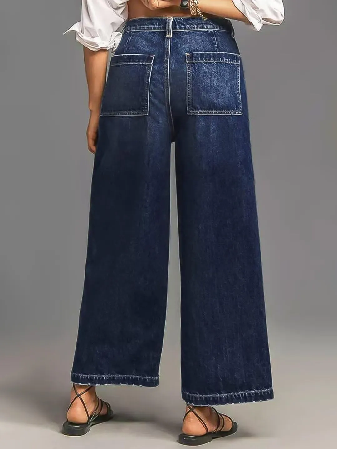 Flamingals Wide Straight Leg Mid Rise Baggy Flap Pocket Raw Hem Denim Jeans
