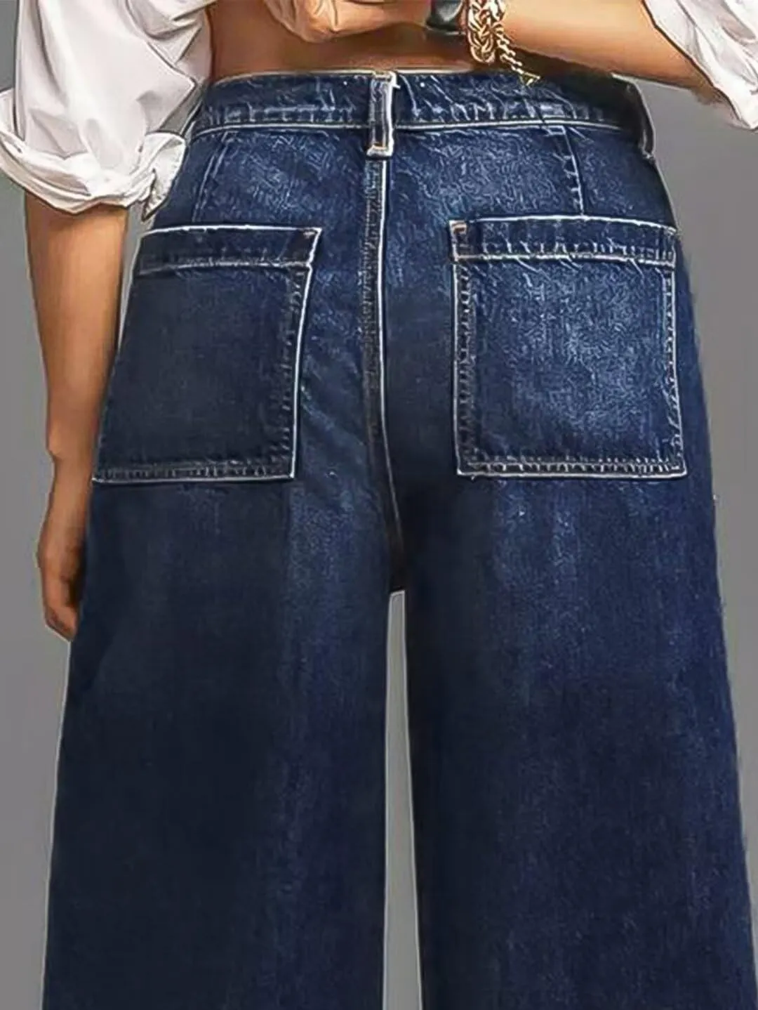 Flamingals Wide Straight Leg Mid Rise Baggy Flap Pocket Raw Hem Denim Jeans