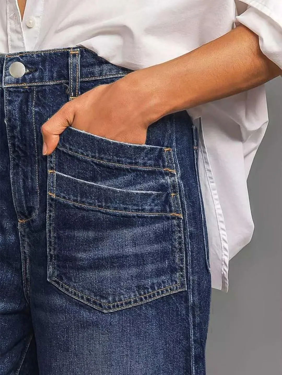 Flamingals Wide Straight Leg Mid Rise Baggy Flap Pocket Raw Hem Denim Jeans