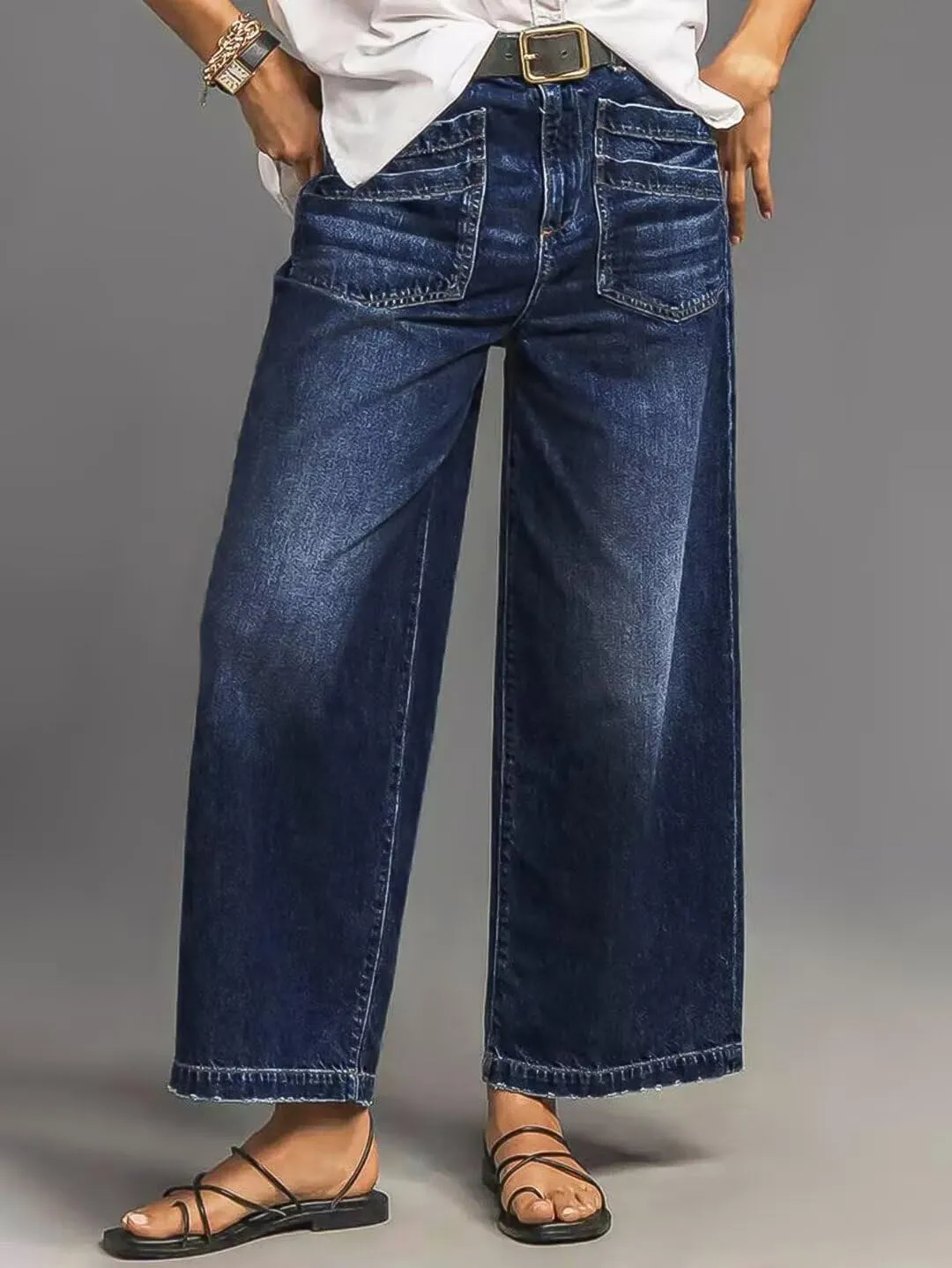 Flamingals Wide Straight Leg Mid Rise Baggy Flap Pocket Raw Hem Denim Jeans