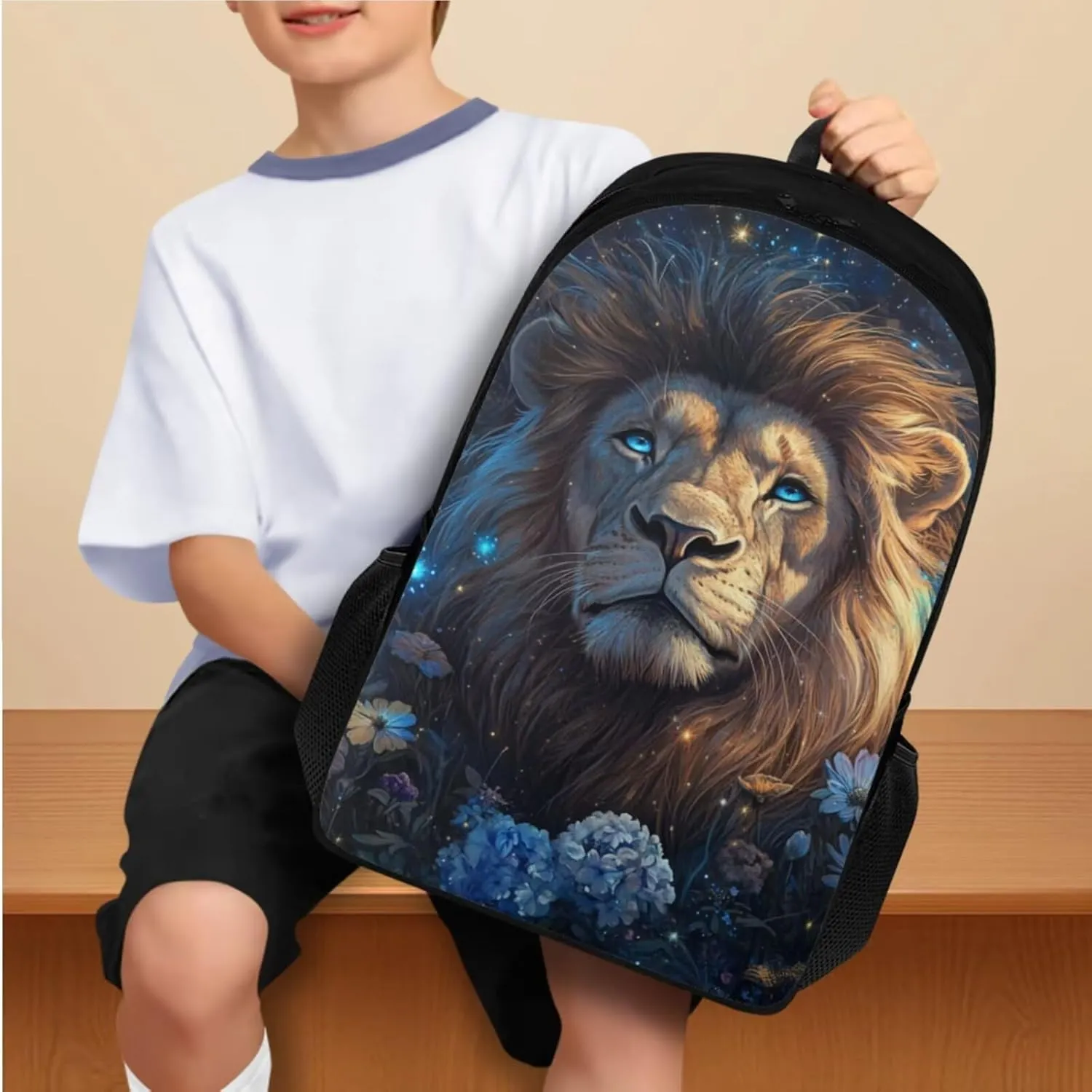 Flashideas Aesthetic Lion Backpack for Kids Girls Backpack with Lunch Box 32 oz Stainless Steel Water Bottle and Water Bottle Bag 4Pcs Set 17" Bookbag with Compartments for School Sturdy School Bag