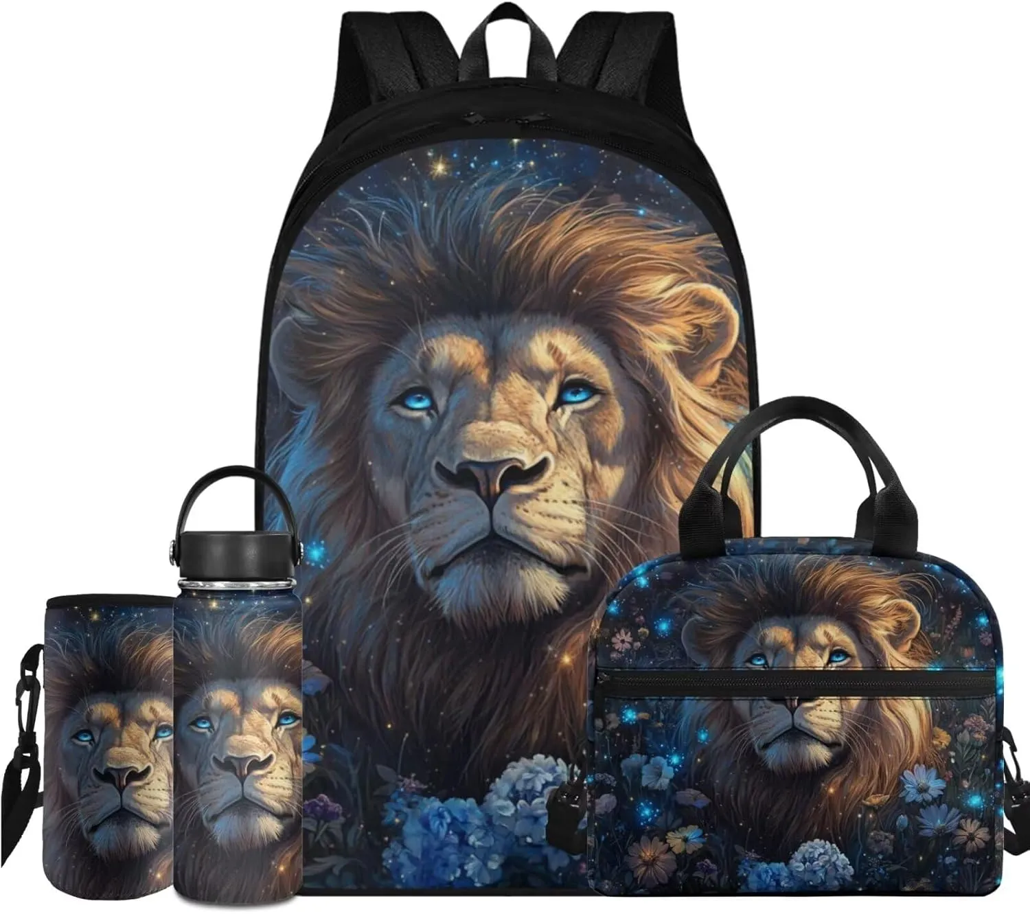 Flashideas Aesthetic Lion Backpack for Kids Girls Backpack with Lunch Box 32 oz Stainless Steel Water Bottle and Water Bottle Bag 4Pcs Set 17" Bookbag with Compartments for School Sturdy School Bag