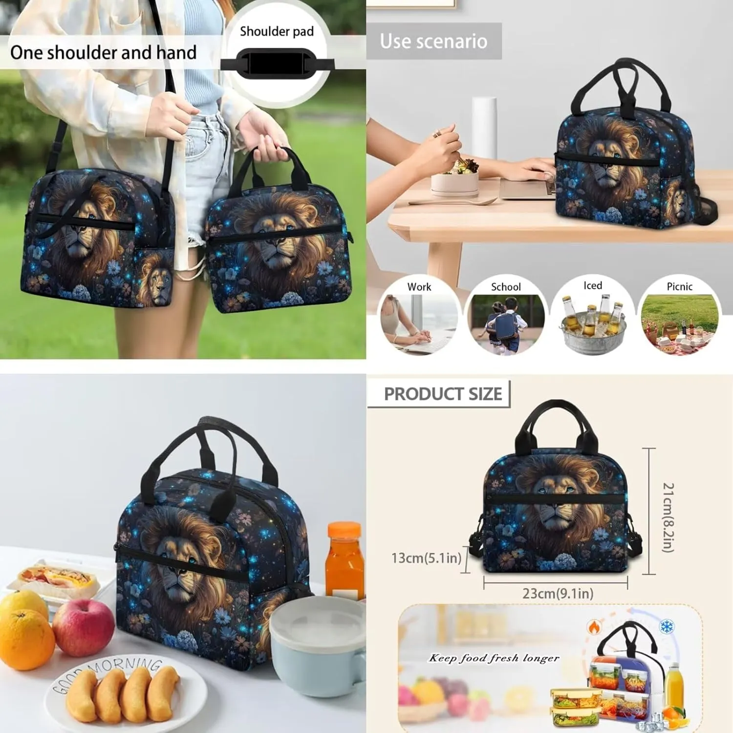 Flashideas Aesthetic Lion Backpack for Kids Girls Backpack with Lunch Box 32 oz Stainless Steel Water Bottle and Water Bottle Bag 4Pcs Set 17" Bookbag with Compartments for School Sturdy School Bag