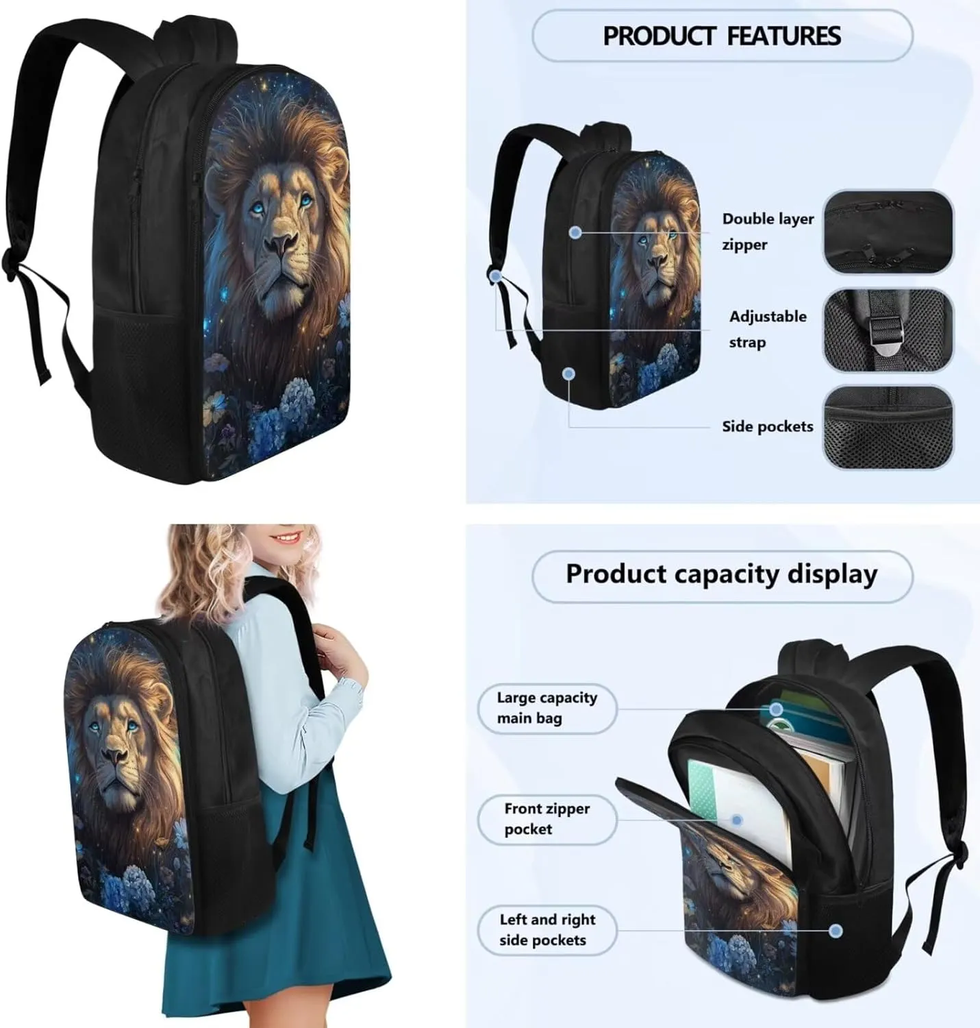Flashideas Aesthetic Lion Backpack for Kids Girls Backpack with Lunch Box 32 oz Stainless Steel Water Bottle and Water Bottle Bag 4Pcs Set 17" Bookbag with Compartments for School Sturdy School Bag