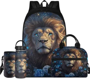 Flashideas Aesthetic Lion Backpack for Kids Girls Backpack with Lunch Box 32 oz Stainless Steel Water Bottle and Water Bottle Bag 4Pcs Set 17" Bookbag with Compartments for School Sturdy School Bag