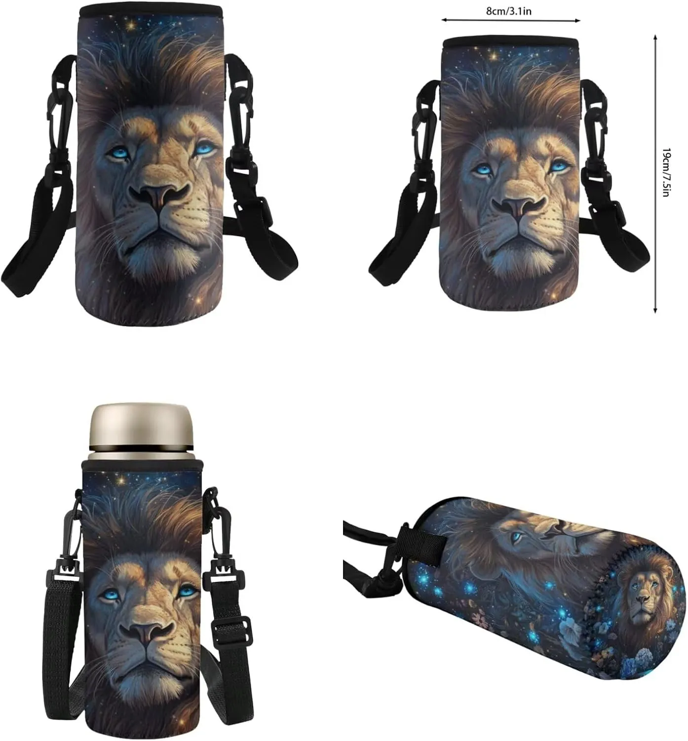 Flashideas Aesthetic Lion Backpack for Kids Girls Backpack with Lunch Box 32 oz Stainless Steel Water Bottle and Water Bottle Bag 4Pcs Set 17" Bookbag with Compartments for School Sturdy School Bag