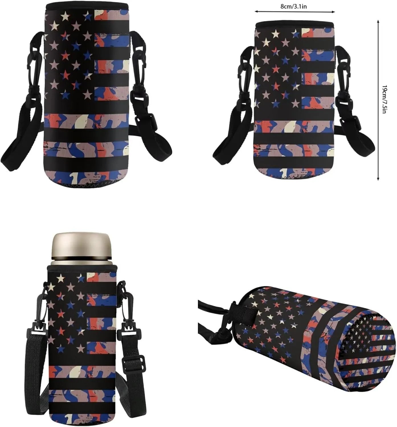 Flashideas Camo American Flag Backpack for Boys Kids Backpack with Lunch Box Stainless Steel Water Bottle and Water Bottle Bag 4Pcs Set 17" Bookbag with Compartments for School Lightweight School Bag