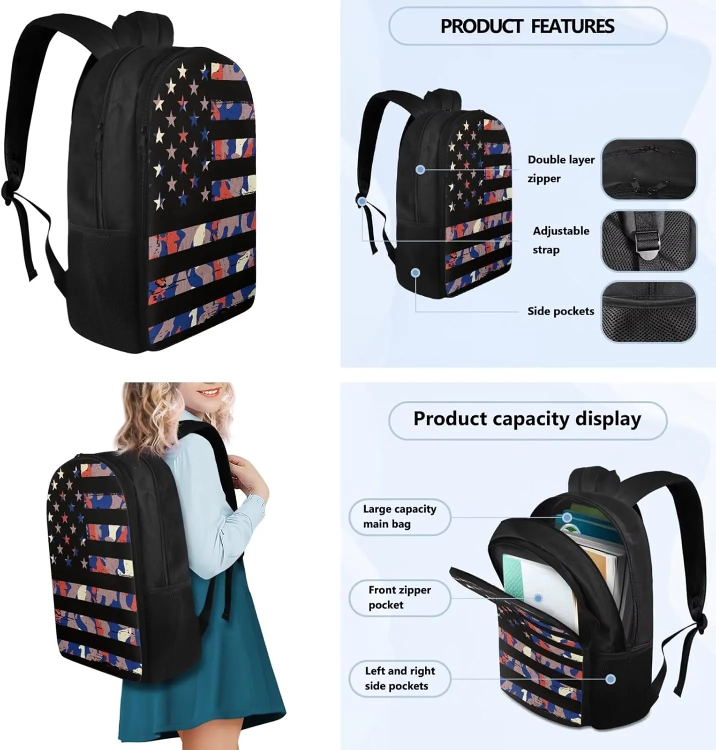 Flashideas Camo American Flag Backpack for Boys Kids Backpack with Lunch Box Stainless Steel Water Bottle and Water Bottle Bag 4Pcs Set 17" Bookbag with Compartments for School Lightweight School Bag