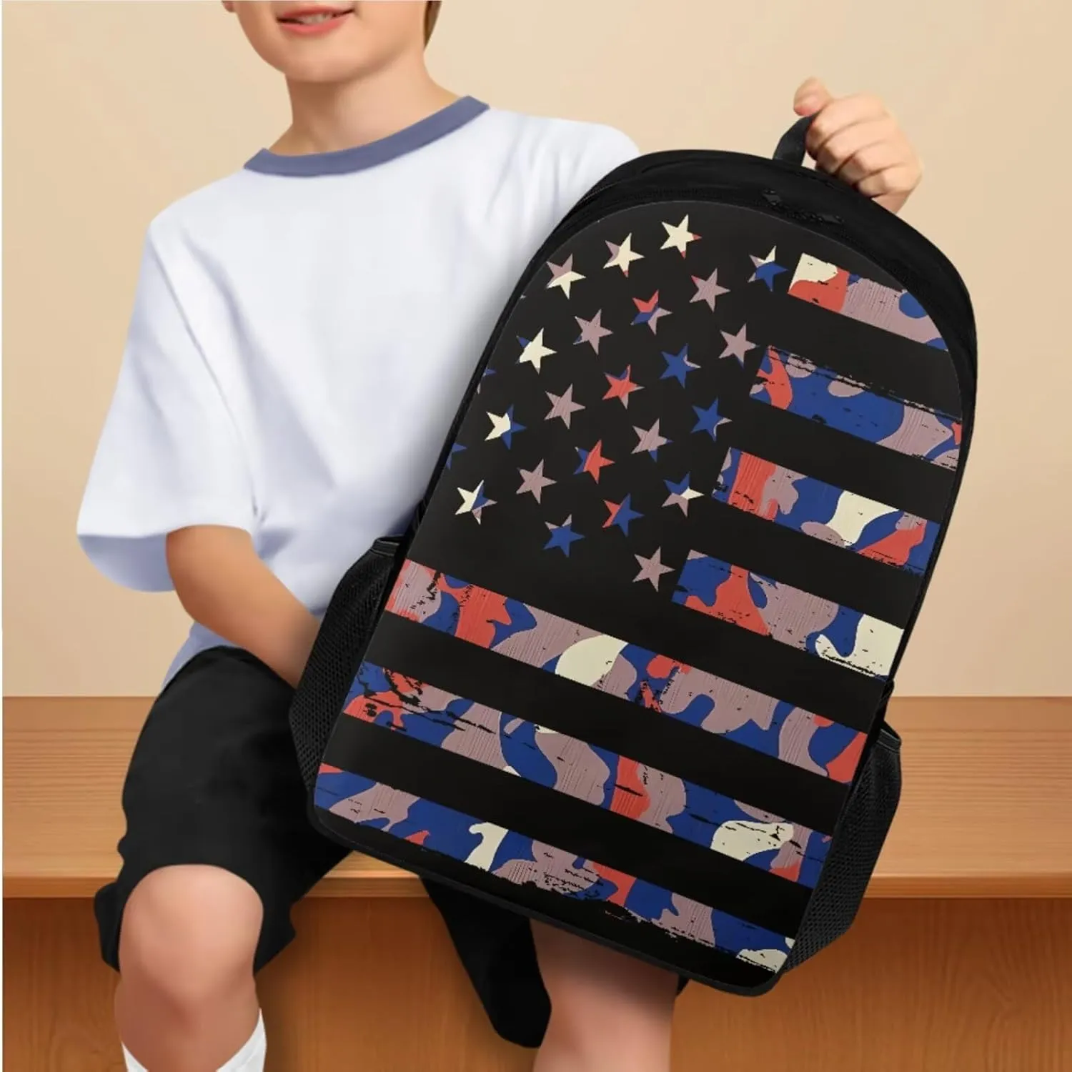 Flashideas Camo American Flag Backpack for Boys Kids Backpack with Lunch Box Stainless Steel Water Bottle and Water Bottle Bag 4Pcs Set 17" Bookbag with Compartments for School Lightweight School Bag