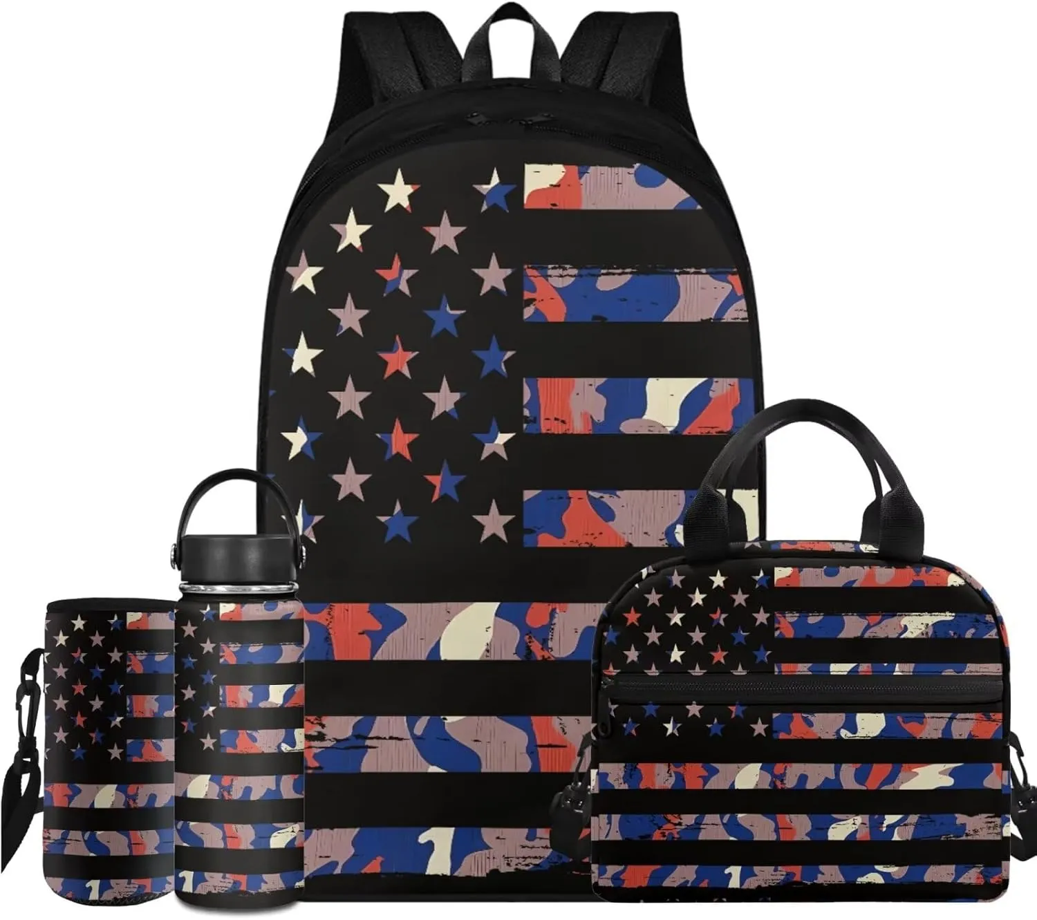 Flashideas Camo American Flag Backpack for Boys Kids Backpack with Lunch Box Stainless Steel Water Bottle and Water Bottle Bag 4Pcs Set 17" Bookbag with Compartments for School Lightweight School Bag