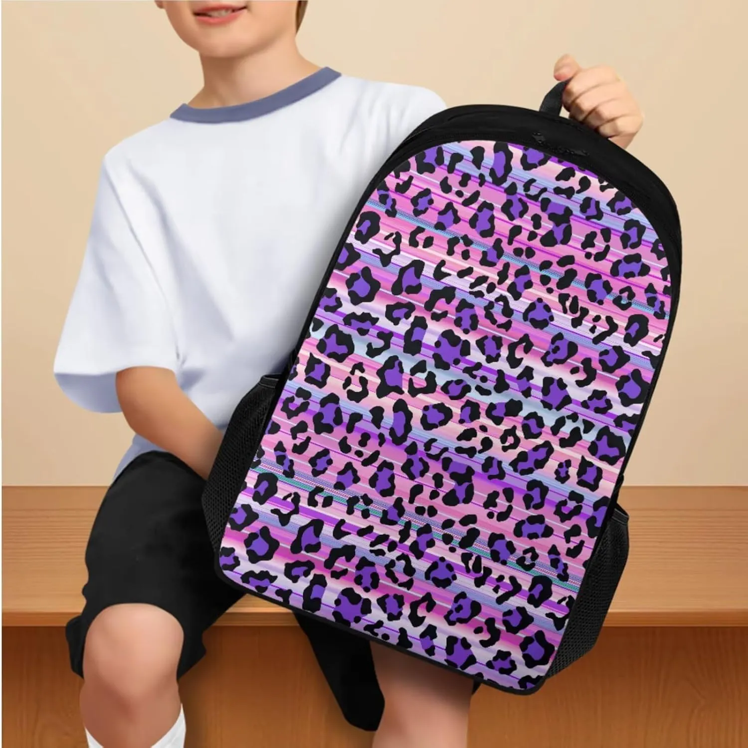 Flashideas Purple Leopard Print Backpack for School Girls Backpack with Lunch Box 32 oz Water Bottle and Water Bottle Bag 4Pcs Set 17" Bookbag with Compartments Sturdy School Bag for Kids Elementary