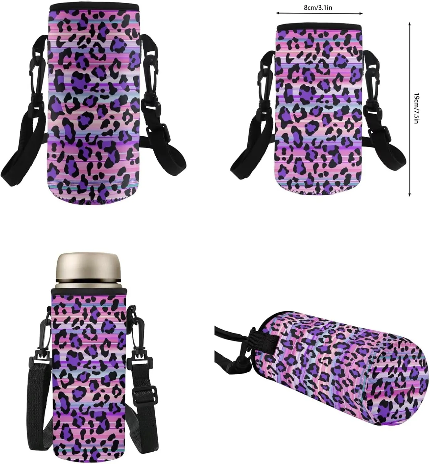 Flashideas Purple Leopard Print Backpack for School Girls Backpack with Lunch Box 32 oz Water Bottle and Water Bottle Bag 4Pcs Set 17" Bookbag with Compartments Sturdy School Bag for Kids Elementary