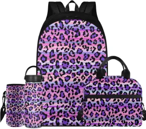 Flashideas Purple Leopard Print Backpack for School Girls Backpack with Lunch Box 32 oz Water Bottle and Water Bottle Bag 4Pcs Set 17" Bookbag with Compartments Sturdy School Bag for Kids Elementary