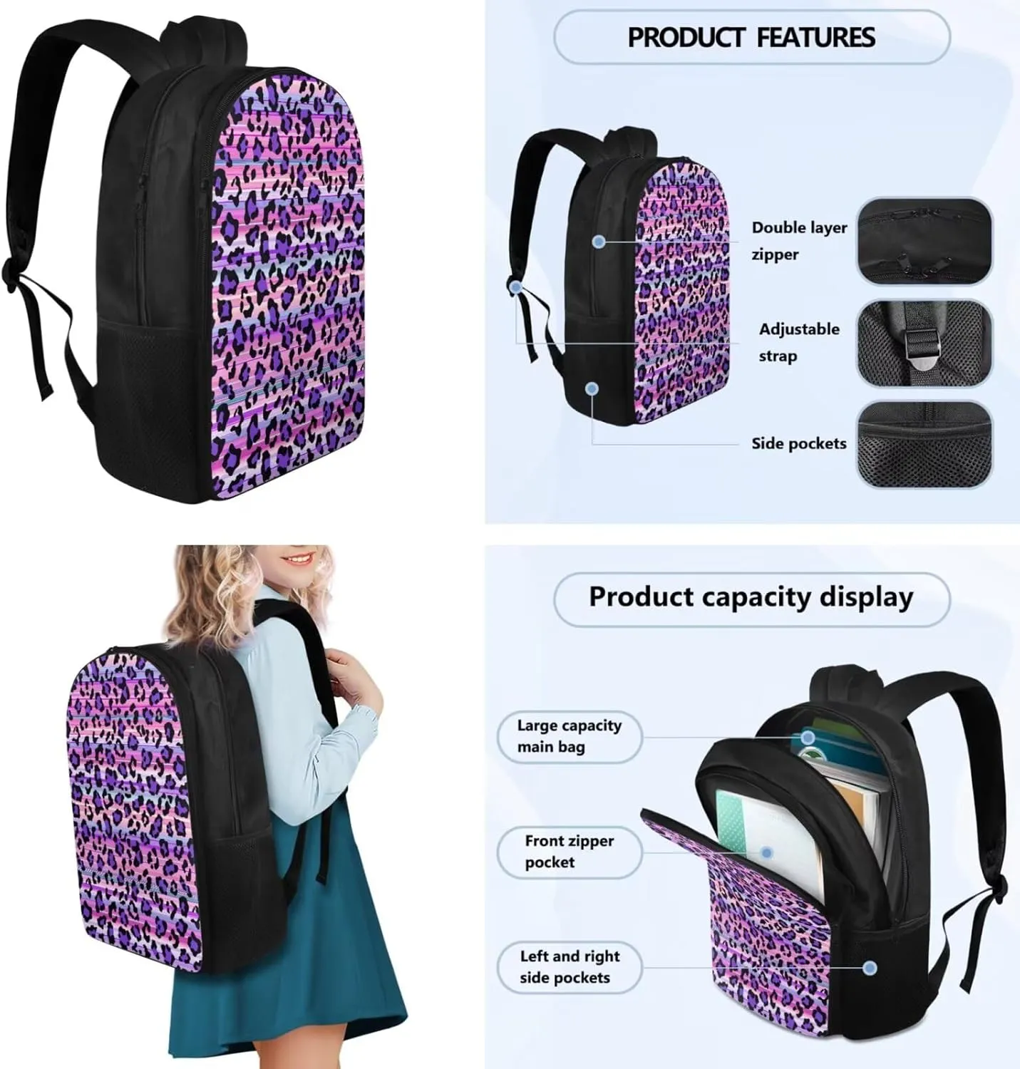 Flashideas Purple Leopard Print Backpack for School Girls Backpack with Lunch Box 32 oz Water Bottle and Water Bottle Bag 4Pcs Set 17" Bookbag with Compartments Sturdy School Bag for Kids Elementary
