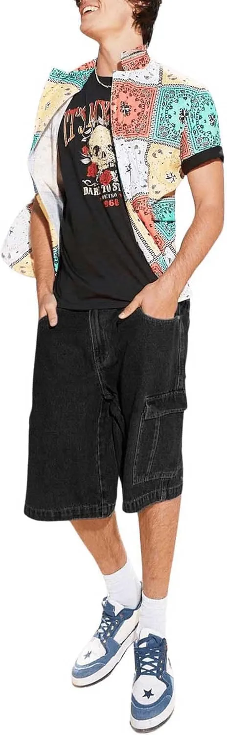 Floerns Men's Loose Hip Hop Baggy Jorts Flap Pocket Side Denim Shorts Jeans with Cargo Pockets