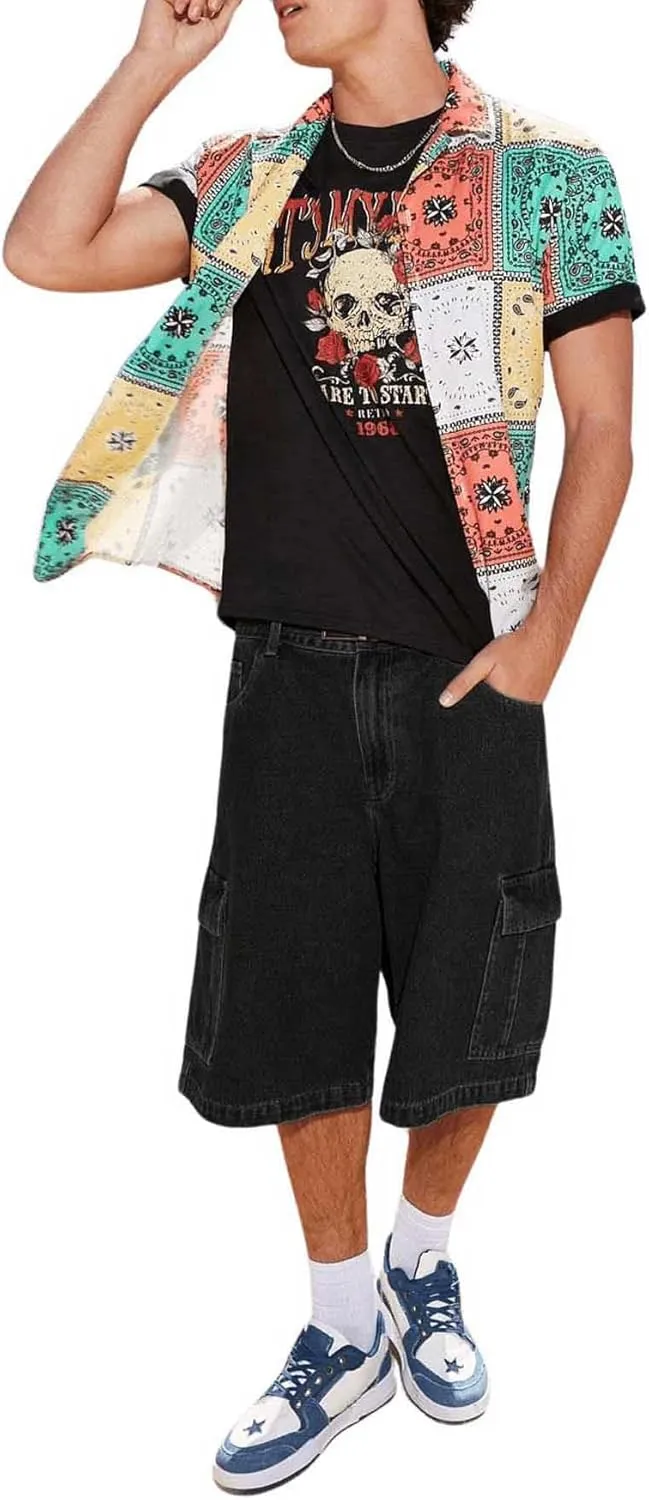 Floerns Men's Loose Hip Hop Baggy Jorts Flap Pocket Side Denim Shorts Jeans with Cargo Pockets