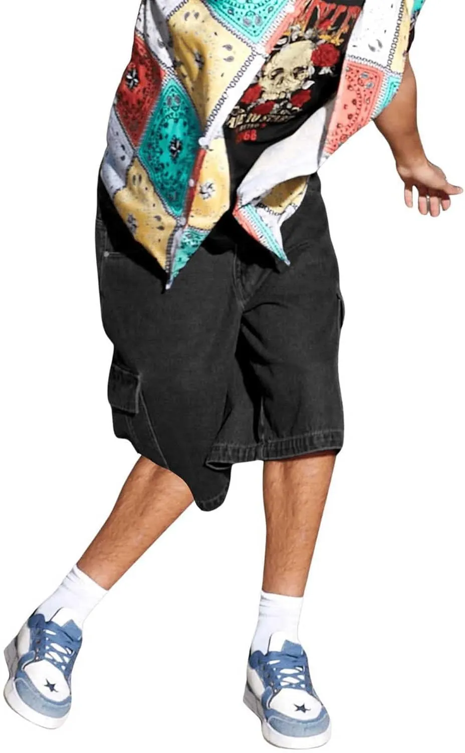 Floerns Men's Loose Hip Hop Baggy Jorts Flap Pocket Side Denim Shorts Jeans with Cargo Pockets