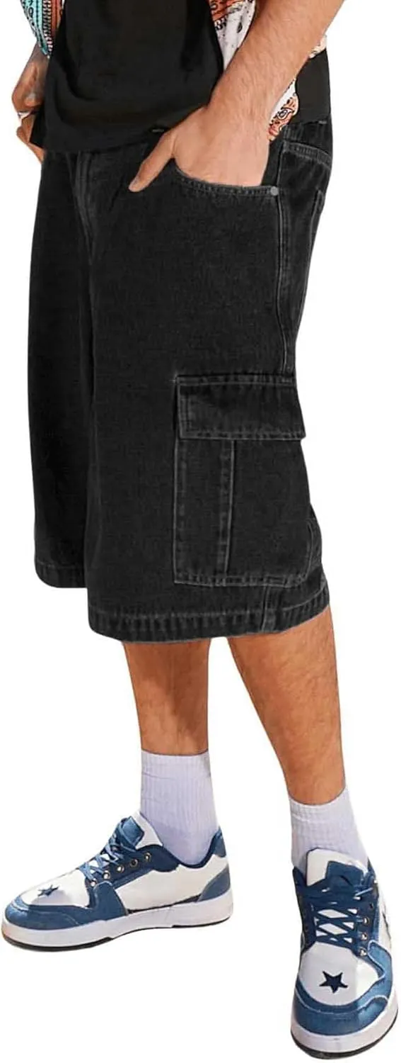 Floerns Men's Loose Hip Hop Baggy Jorts Flap Pocket Side Denim Shorts Jeans with Cargo Pockets