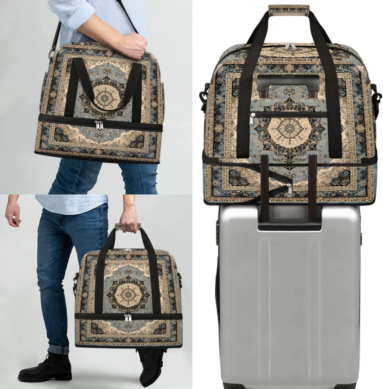 Flora Boho Printings Travel Duffle Bag, Collapsible Travel Bag Sports Gym Bag With Shoes Compartment Weekender Bag Overnight Bag For Women Men