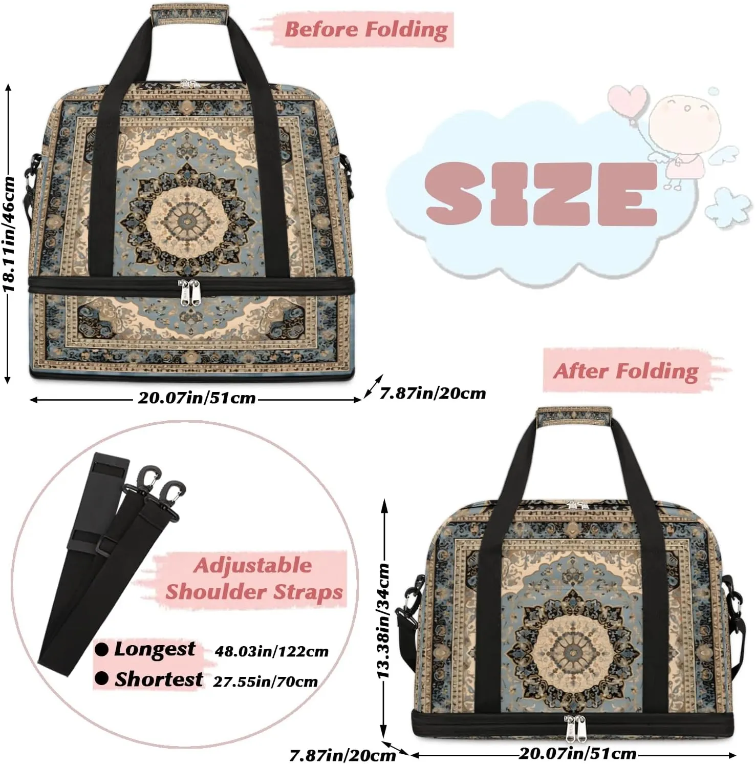 Flora Boho Printings Travel Duffle Bag, Collapsible Travel Bag Sports Gym Bag With Shoes Compartment Weekender Bag Overnight Bag For Women Men