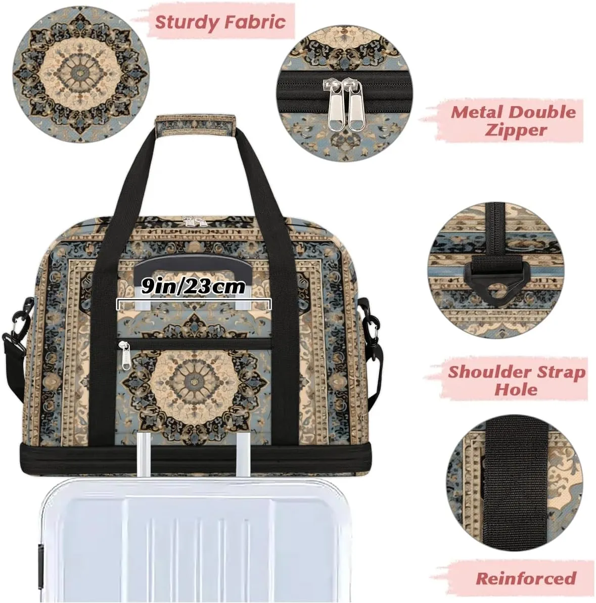 Flora Boho Printings Travel Duffle Bag, Collapsible Travel Bag Sports Gym Bag With Shoes Compartment Weekender Bag Overnight Bag For Women Men