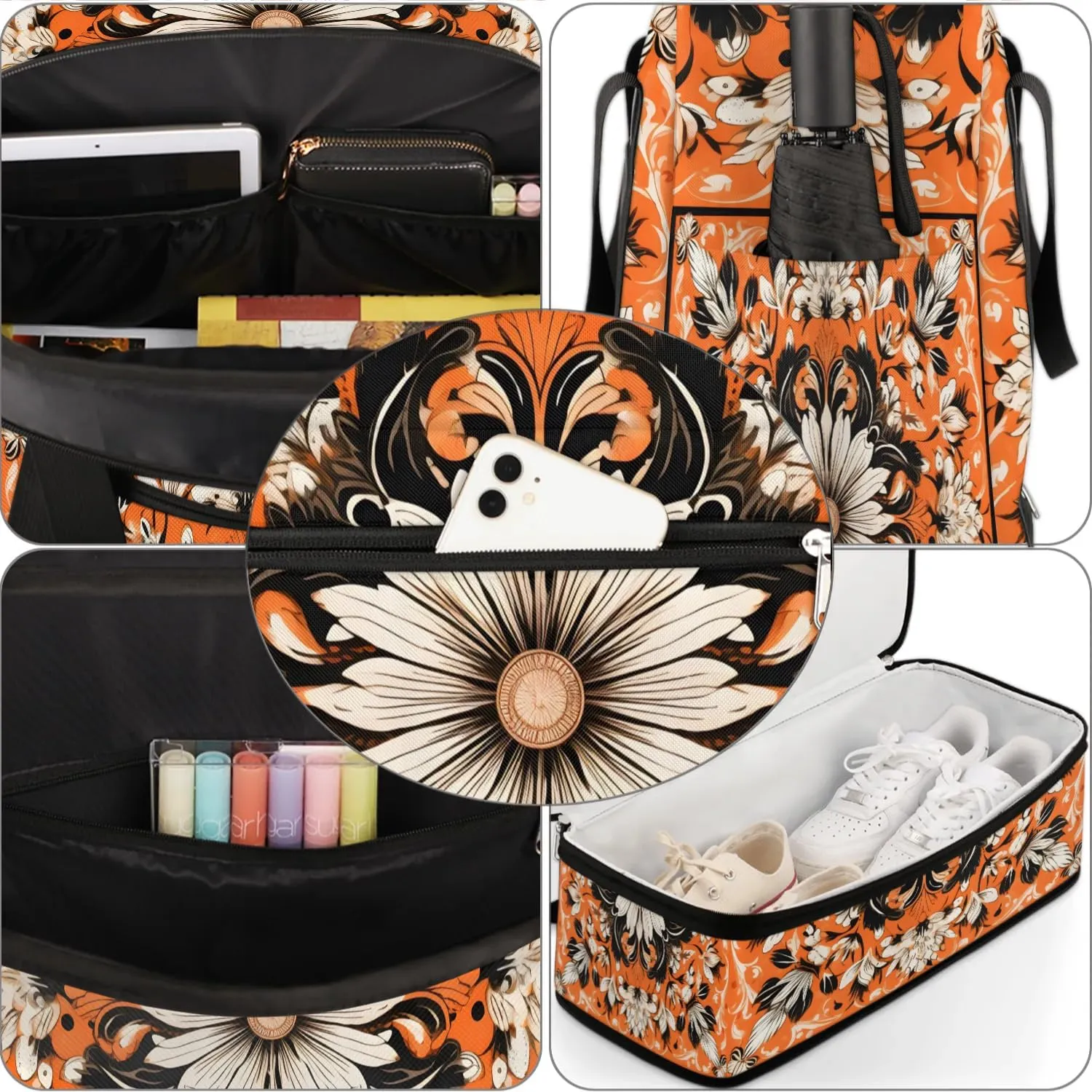 Flower Retro Boho Pattern Travel Duffle Bag, Collapsible Travel Bag Sports Gym Bag With Shoes Compartment Weekender Bag Overnight Bag For Women Men