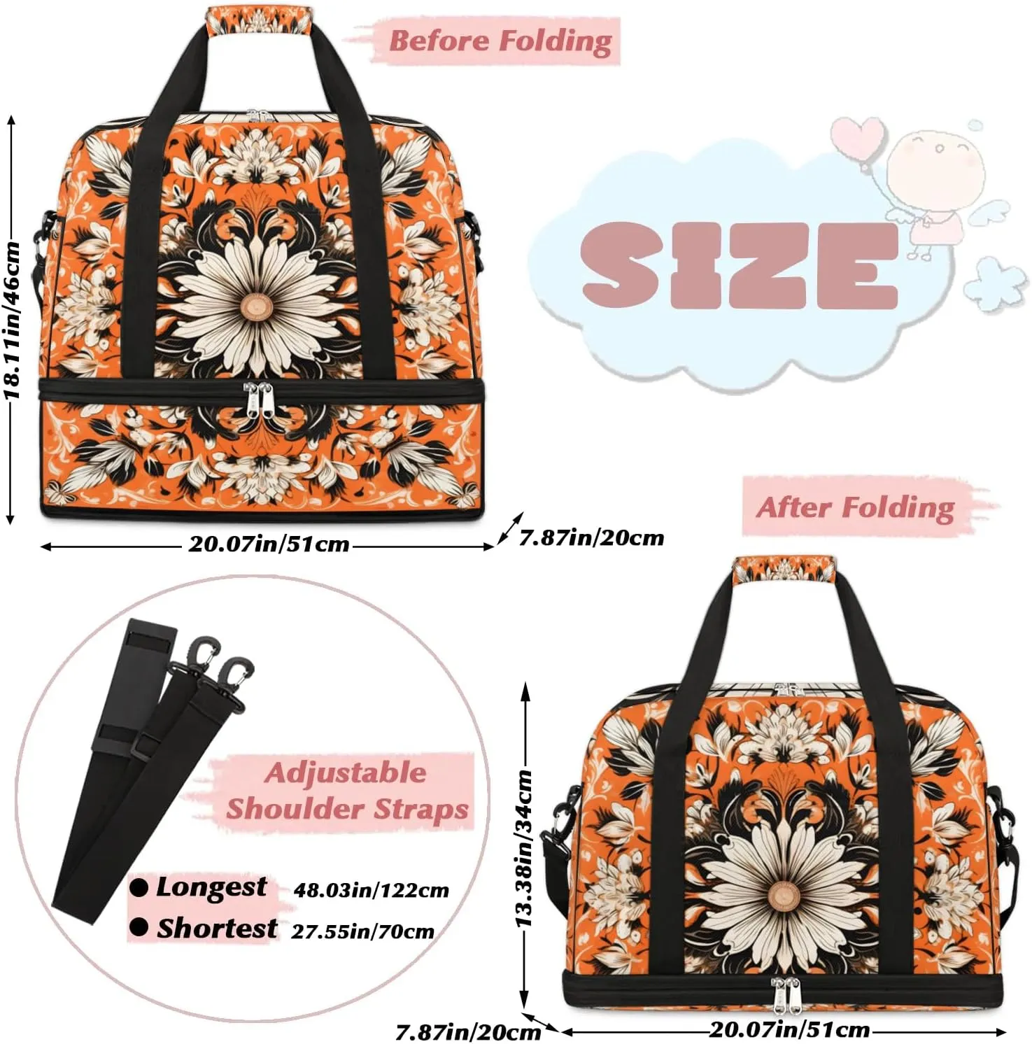Flower Retro Boho Pattern Travel Duffle Bag, Collapsible Travel Bag Sports Gym Bag With Shoes Compartment Weekender Bag Overnight Bag For Women Men