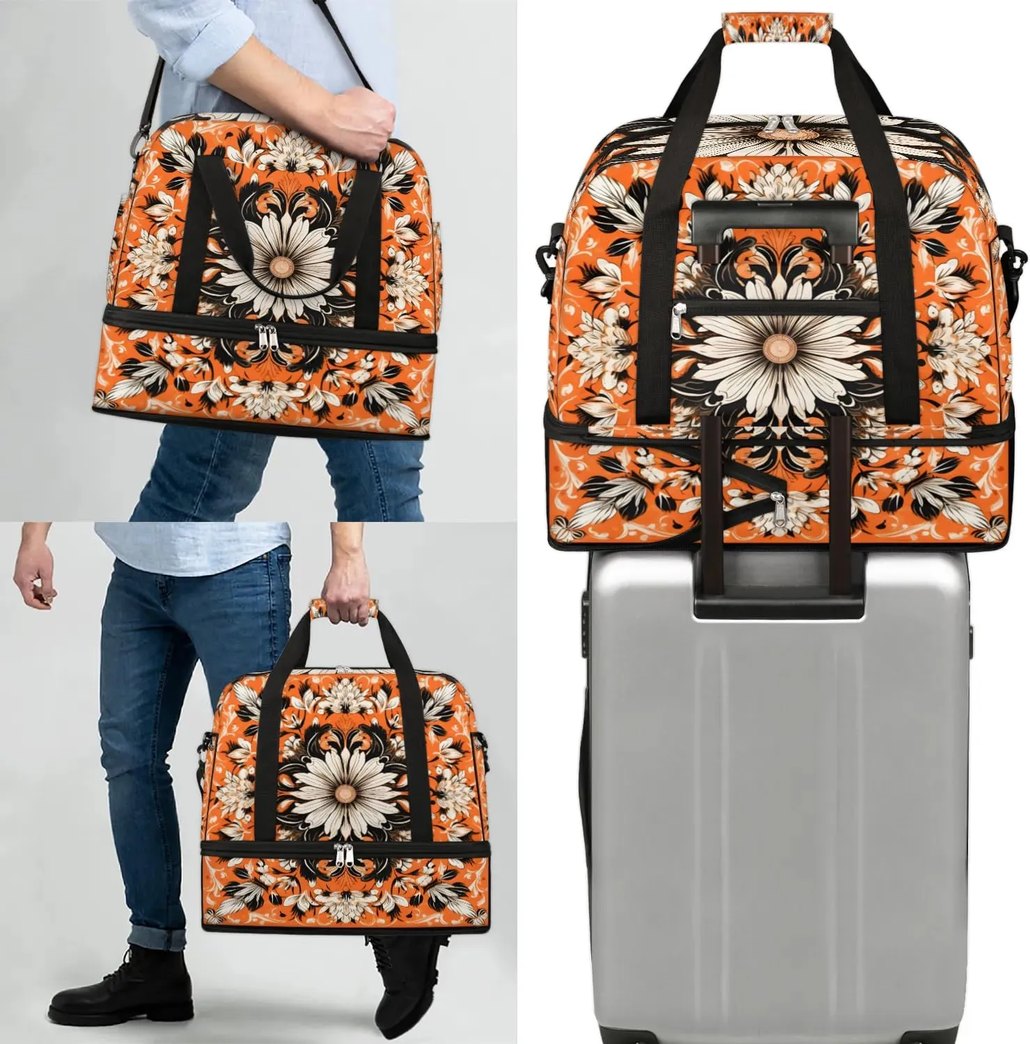 Flower Retro Boho Pattern Travel Duffle Bag, Collapsible Travel Bag Sports Gym Bag With Shoes Compartment Weekender Bag Overnight Bag For Women Men