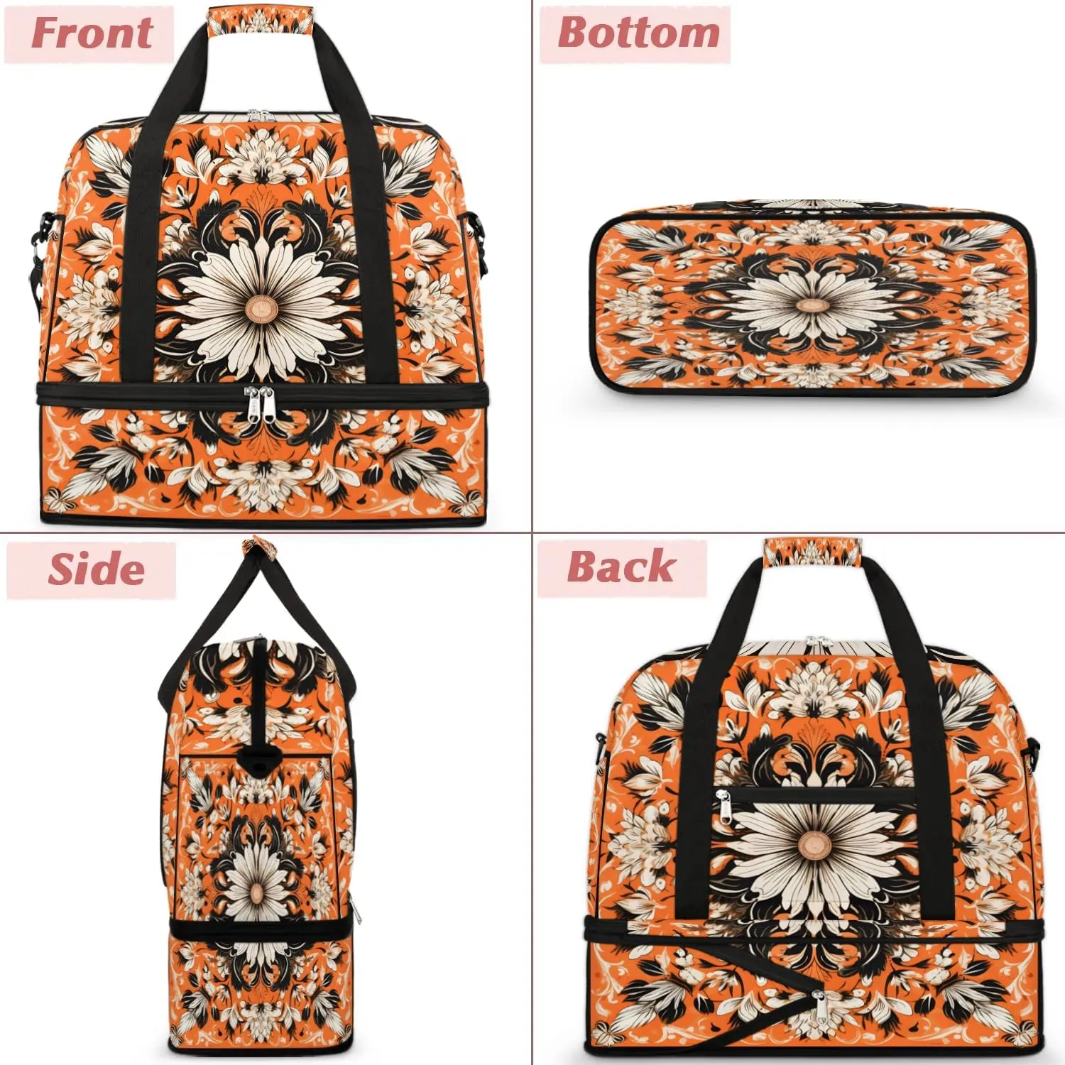 Flower Retro Boho Pattern Travel Duffle Bag, Collapsible Travel Bag Sports Gym Bag With Shoes Compartment Weekender Bag Overnight Bag For Women Men