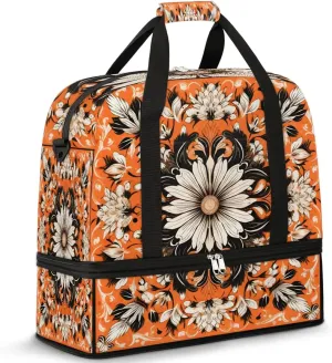 Flower Retro Boho Pattern Travel Duffle Bag, Collapsible Travel Bag Sports Gym Bag With Shoes Compartment Weekender Bag Overnight Bag For Women Men